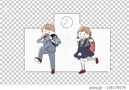 Illustration of an entrance ceremony with cherry blossoms falling, elementary school students carrying their school bags and the school gate, a spring event 136179579