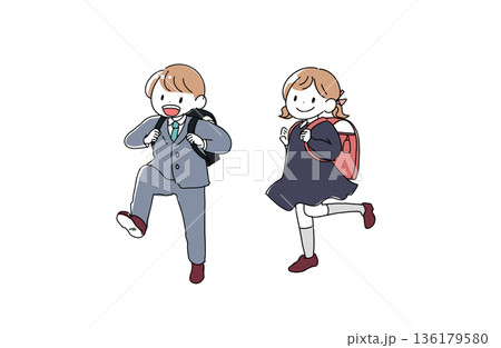 ランドセルを背負った新一年生の男女のイラスト　入学式　手書きベクター素材 136179580