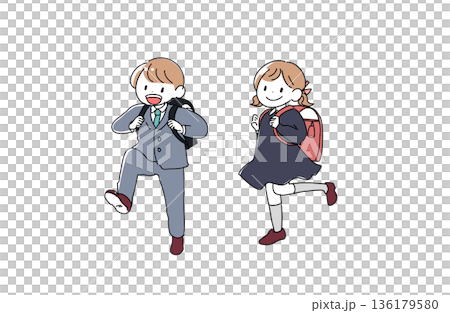 ランドセルを背負った新一年生の男女のイラスト　入学式　手書きベクター素材 136179580
