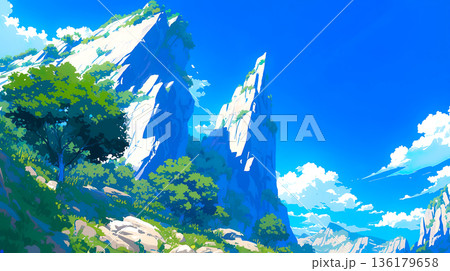 青空にそびえたつ岩山のアニメ調イラスト風景 136179658