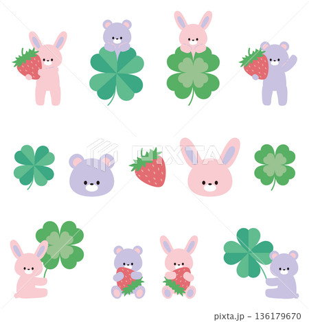 イチゴとクローバーとクマとウサギのイラストセット 136179670