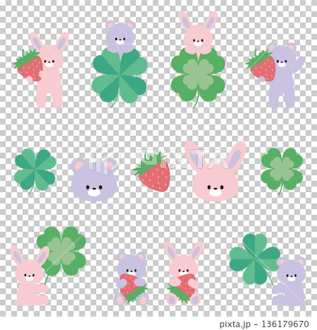草莓、三葉草、熊和兔子插圖集 136179670