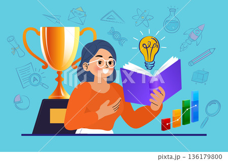Success through education concept. Smart woman reading book with idea lightbulb, gold trophy and growth bar chart. Achievement in learning, business development and creative thinking illustration. Success through education concept. Smart woman reading book with idea lightbulb, gold trophy and growth bar chart. Achievement in learning, business development and creative thinking illustration. 136179800