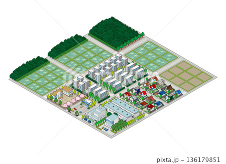 郊外の街並みのイラスト. アイソメ図で描いた都市. 136179851