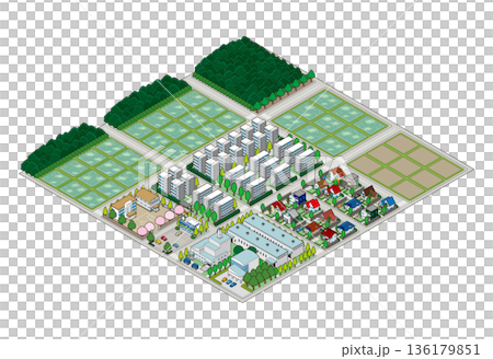 郊外の街並みのイラスト. アイソメ図で描いた都市. 136179851