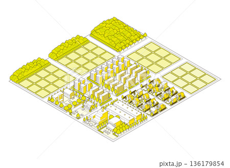郊外の街並みのイラスト. アイソメ図で描いた都市. 郊外の街並みのイラスト. アイソメ図で描いた都市. 136179854