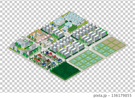 郊區城市景觀插圖。等距視角城市。 136179855