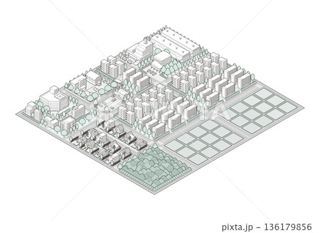 郊外の街並みのイラスト. アイソメ図で描いた都市. 136179856