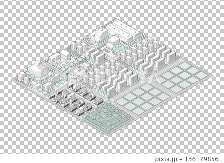 郊區城市景觀插圖。等距視角城市。 136179856