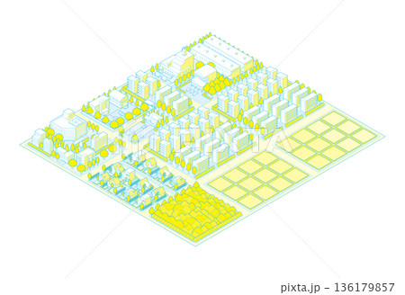 郊外の街並みのイラスト. アイソメ図で描いた都市. 136179857