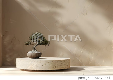Japanese-style stone podium with bonsai tree 136179871