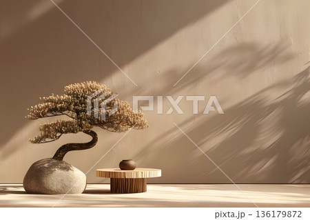 Japanese-style stone podium with bonsai tree 136179872