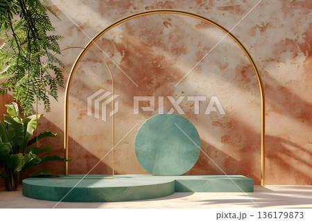 empty podium and golden arch abstract terracotta background green geometric shapes 136179873