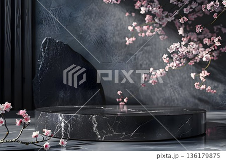Black marble product podium with cherry blossom flowers 136179875