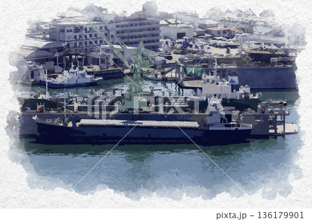 水彩画風　尾道　向島ドック　広島県尾道市 136179901