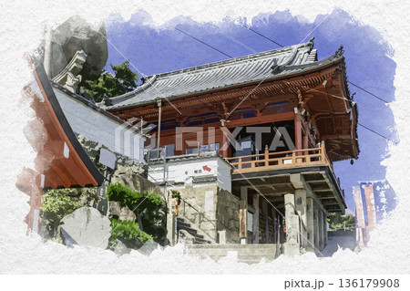 水彩画風　尾道　千光寺　本堂　広島県尾道市 136179908