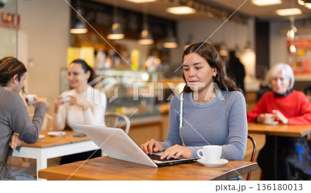 In cozy cafe hall, freelance girl works with laptop and drinks coffee. 136180013