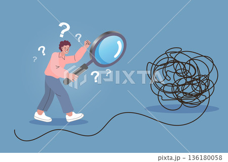 Confused man holding a magnifying glass looks at a chaotic tangled knot. Vector illustration showing the process of analyzing problems and searching for root causes to understand complex situations. Confused man holding a magnifying glass looks at a chaotic tangled knot. Vector illustration showing the process of analyzing problems and searching for root causes to understand complex situations. 136180058