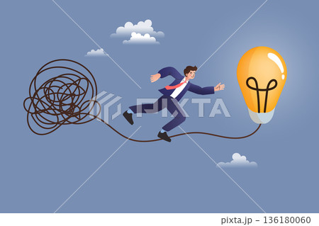 Businessman runs from a chaotic tangled mess towards a glowing lightbulb. Vector illustration showing the journey from confusion to clarity and solving complex problems with smart strategy. 136180060