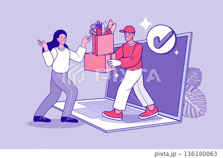 Online e-commerce grocery delivery service concept. Courier delivering food boxes from laptop screen to woman. Flat vector illustration for fast shipping and digital shopping success. 136180063