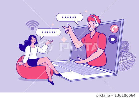 Online customer support and virtual assistant concept. Male agent on laptop screen providing remote consultation to a woman. Flat vector illustration for e-commerce and digital service. 136180064