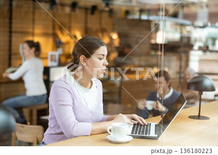 Young female freelancer sitting in cafe with cup of coffee and laptop Young female freelancer sitting in cafe with cup of coffee and laptop 136180223