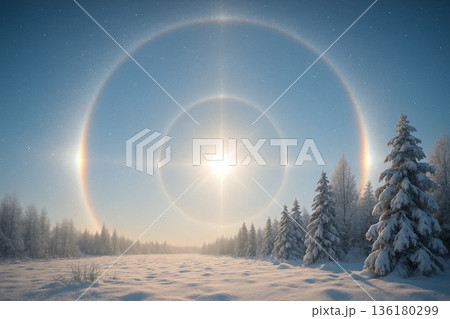 ダイヤモンドダストと太陽のハロ・冬の寒さが生み出す天空の芸術 ダイヤモンドダストと太陽のハロ・冬の寒さが生み出す天空の芸術 136180299