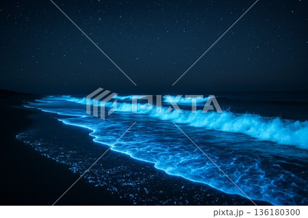 青く輝く夜光虫の波・夜の海岸を幻想的に彩る生物発光の美しさ 136180300