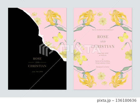 Floral wedding invitation card template design, Cutleaf coneflower with leaves on pink 136180636