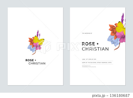 Floral wedding invitation card template design, colorful flower bouquet on white Floral wedding invitation card template design, colorful flower bouquet on white 136180687