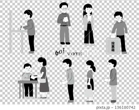 選挙に行って投票をする人たちのイラスト、モノクロ 136180742