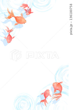 水彩風の涼しげな水面と波紋と金魚の透過背景_縦 136180758