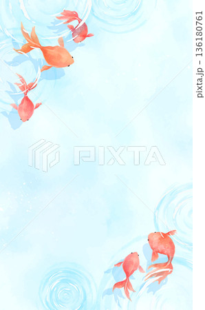 水彩風の涼しげな水面と波紋と金魚背景_縦 136180761