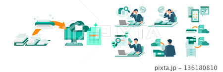 OCRで紙書類をデータ化するペーパーレス業務改善のビジネスイラスト 136180810