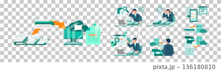 OCRで紙書類をデータ化するペーパーレス業務改善のビジネスイラスト 136180810