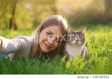 The friendship between the young woman and the cat. 136180832