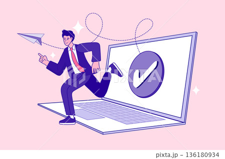 Achieve project success and digital efficiency with fast business execution. Professional man running from laptop with checkmark icon and paper plane for task completed concepts. Achieve project success and digital efficiency with fast business execution. Professional man running from laptop with checkmark icon and paper plane for task completed concepts. 136180934