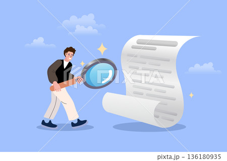 Detailed business audit concept. Man with magnifying glass inspecting long document to find hidden opportunities or verify information. Perfect for research, law, and data analysis themes. Detailed business audit concept. Man with magnifying glass inspecting long document to find hidden opportunities or verify information. Perfect for research, law, and data analysis themes. 136180935