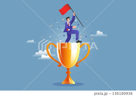 Happy businessman holding a red flag standing on top of a giant golden champion trophy. Vector illustration showing success victory and achieving number one position in business competition. 136180936