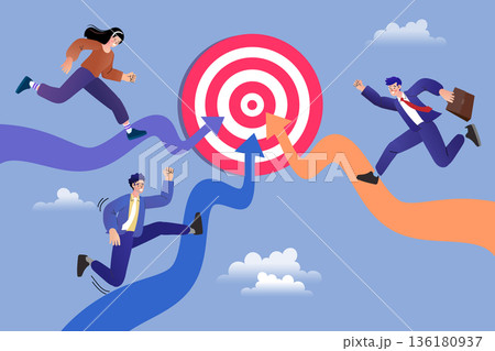 Business team running fast on arrow paths towards a large red target dartboard. Vector illustration showing concept of setting goals achieving success and focusing on market strategy. 136180937