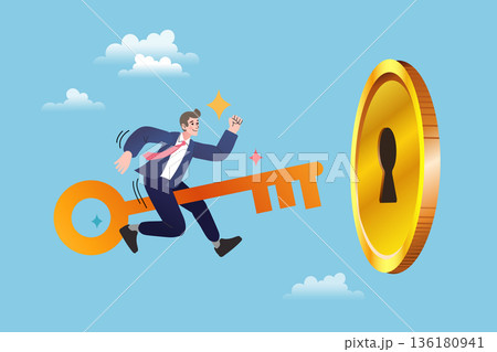 Happy businessman riding a large golden key flying towards a coin with a keyhole. Vector illustration about finding the key to financial success and unlocking wealth opportunities. 136180941