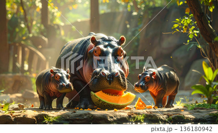 Hippopotamus Family Near Water in Zoo 136180942