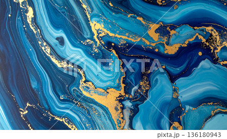Blue and Gold Fluid Marble Abstract Art 136180943