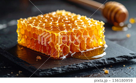 Honeycomb with Fresh Honey on Plate Honeycomb with Fresh Honey on Plate 136180959