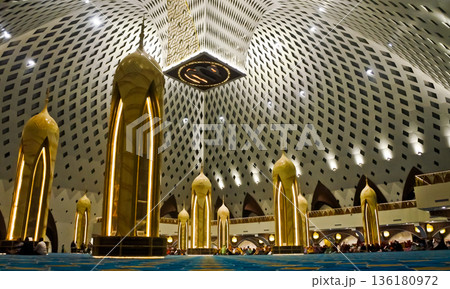 Beautiful view of the interior of the Al Jabar Grand Mosque at night, Bandung, West Java, Indonesia Beautiful view of the interior of the Al Jabar Grand Mosque at night, Bandung, West Java, Indonesia 136180972