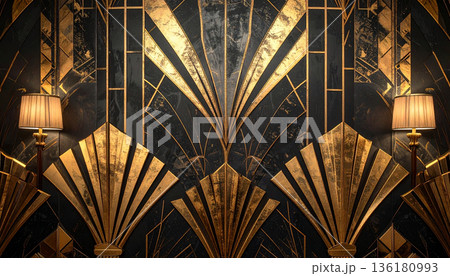 Art Deco Fan Pattern Wallpaper in Gold and Black Art Deco Fan Pattern Wallpaper in Gold and Black 136180993