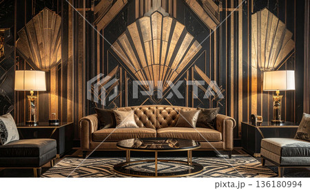 Art Deco Living Room Interior with Gold Accents 136180994