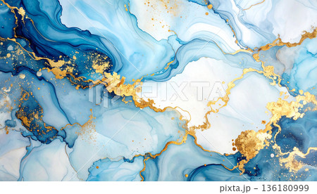 Blue and Gold Fluid Marble Abstract Art 136180999