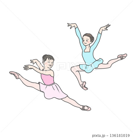 ピンクと水色の練習着で楽しく踊る女の子たち ピンクと水色の練習着で楽しく踊る女の子たち 136181019