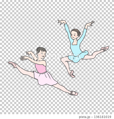 女孩們穿著粉紅色和淺藍色的練習服，快樂地跳舞。 136181019